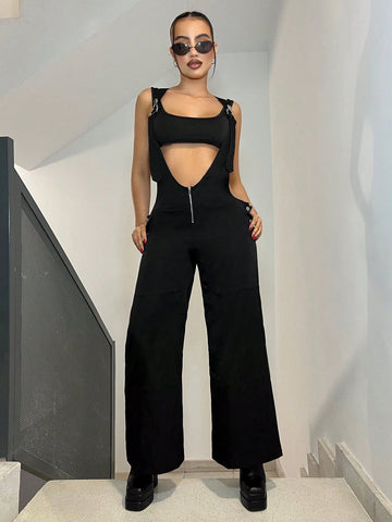 Summer Spring Outfits 2pcs/Set Knitted Ultra Black Crop Top And Cargo Overall Pants