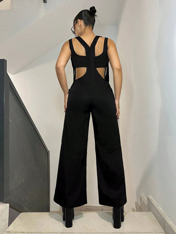 Summer Spring Outfits 2pcs/Set Knitted Ultra Black Crop Top And Cargo Overall Pants