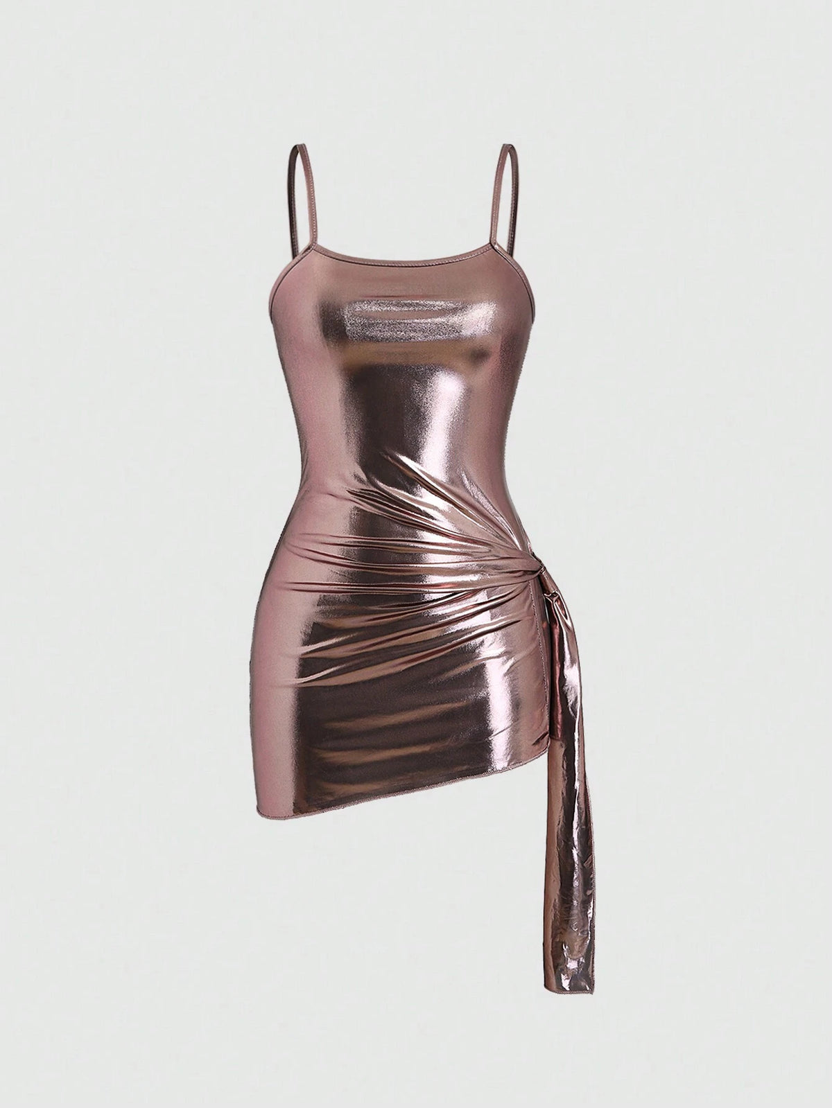 Summer Stylish Metallic Coated Strap Asymmetric Hem Bodycon Cami Dress