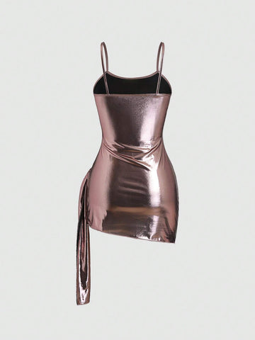 Summer Stylish Metallic Coated Strap Asymmetric Hem Bodycon Cami Dress
