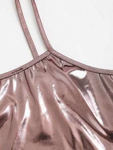 Summer Stylish Metallic Coated Strap Asymmetric Hem Bodycon Cami Dress