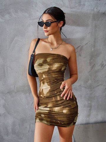 Sweet & Spicy Sexy Mesh Tie Dye Printed Bandeau Mini Bodycon Dress