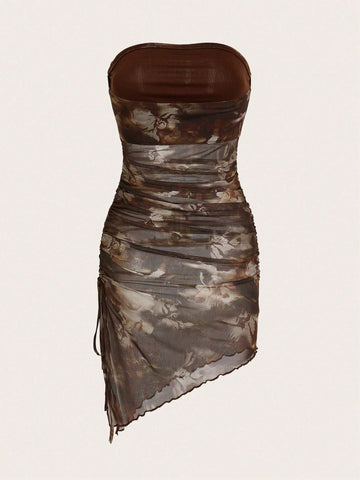Tie Dye Drawstring Side Ruched Mesh Tube Bodycon Mini Dress