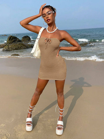 Tie Front Tube Bodycon Mini Dress
