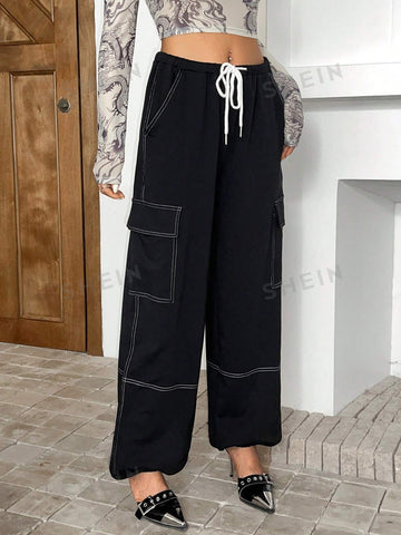 ICON Top-stitching Drawstring Waist Flap Pocket Side Sweatpants