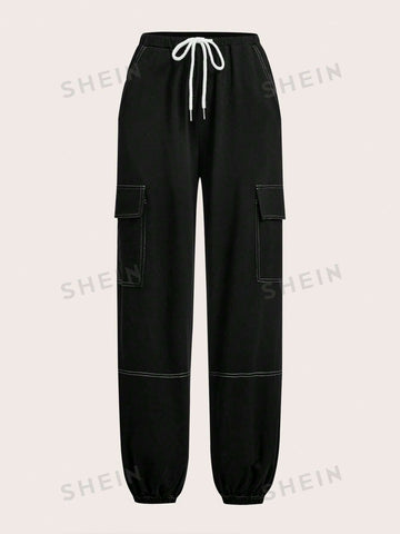 ICON Top-stitching Drawstring Waist Flap Pocket Side Sweatpants
