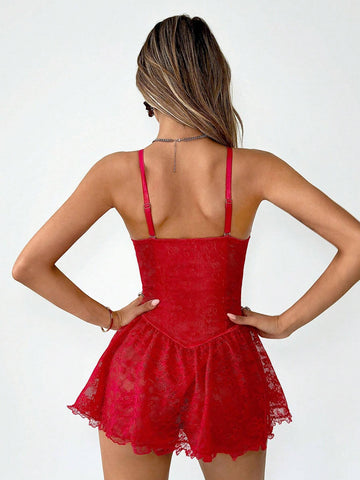 Triangle Cup Lace Patchwork W-Shaped Wire Decorated Lace Hem Dress