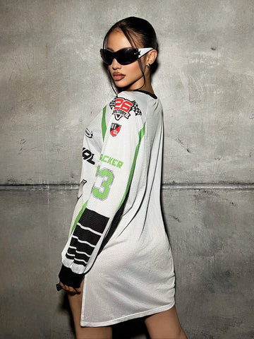 V-Neck Racing Pattern Open Slit Front Short Back Long Loose Dress