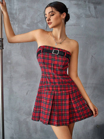 Versatile Personalized American Style Cinched Waist Plaid Waist Slimming Bandeau Ruffle Short Dress For Women, Red