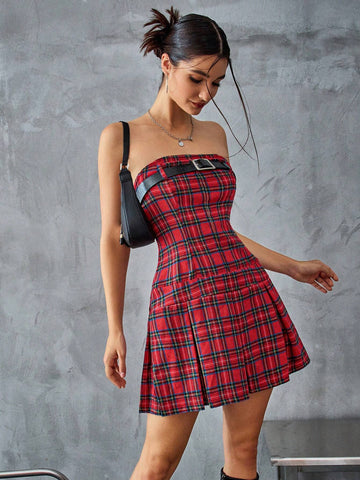 Versatile Personalized American Style Cinched Waist Plaid Waist Slimming Bandeau Ruffle Short Dress For Women, Red