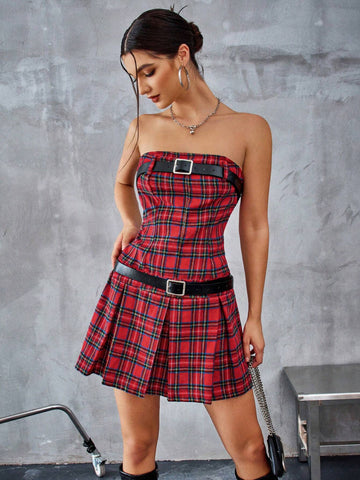 Versatile Personalized American Style Cinched Waist Plaid Waist Slimming Bandeau Ruffle Short Dress For Women, Red