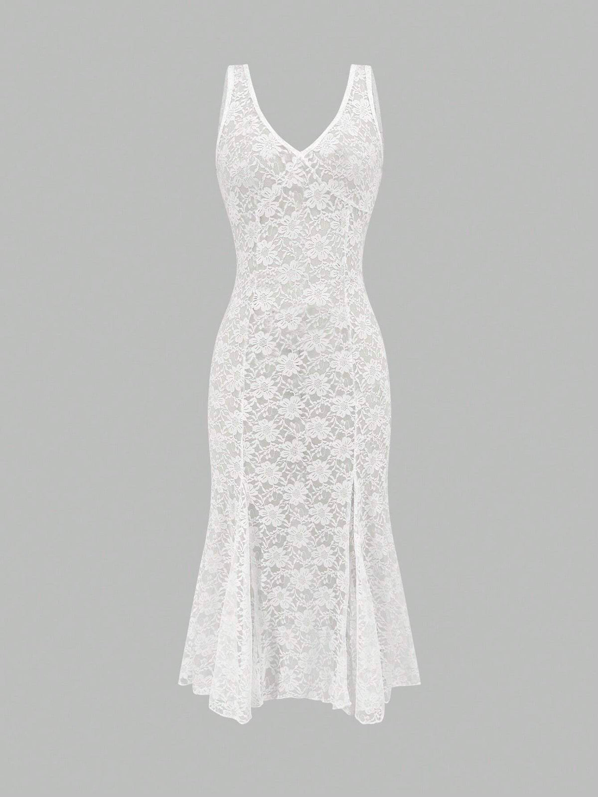 White Lace Banquet Dress With Ruffle Trim Spaghetti Straps