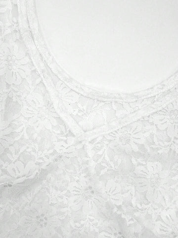 White Lace Banquet Dress With Ruffle Trim Spaghetti Straps