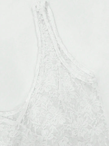 White Lace Banquet Dress With Ruffle Trim Spaghetti Straps