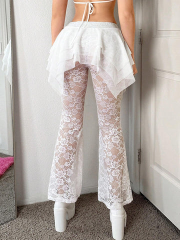 ICON White Sheer Lace Splicing Mesh Flare Pants