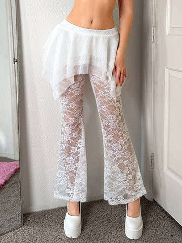ICON White Sheer Lace Splicing Mesh Flare Pants