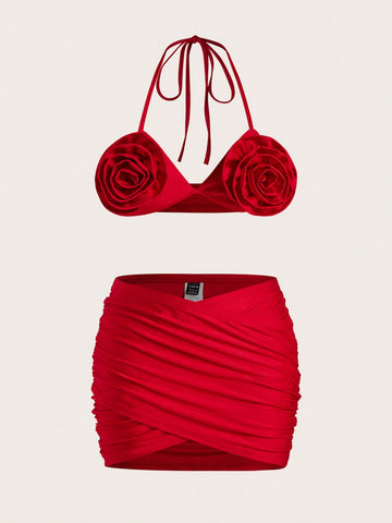 Women'S 3d Flower Decor Halter Top And Skirt Set