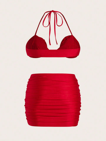 Women'S 3d Flower Decor Halter Top And Skirt Set