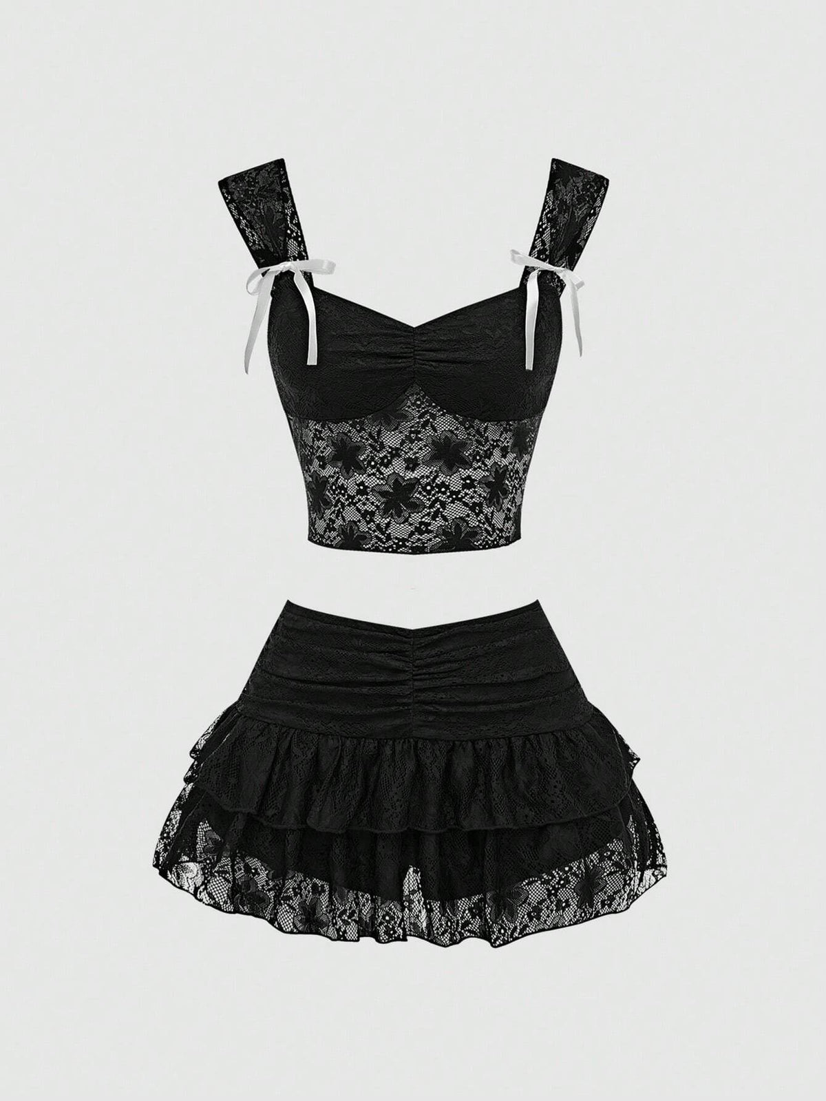 Women'S Lace Camisole With Ruffled Chest And Bow Decoration Low-Rise Gathered Ruffle Lace Trimmed Pleated Skirt + TOP 2 Piece Set