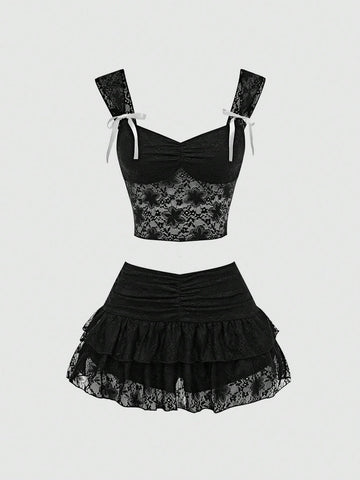 Women'S Lace Camisole With Ruffled Chest And Bow Decoration Low-Rise Gathered Ruffle Lace Trimmed Pleated Skirt + TOP 2 Piece Set