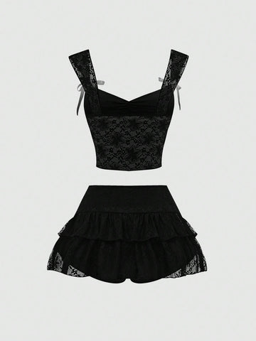 Women'S Lace Camisole With Ruffled Chest And Bow Decoration Low-Rise Gathered Ruffle Lace Trimmed Pleated Skirt + TOP 2 Piece Set