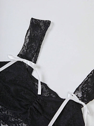 Women'S Lace Camisole With Ruffled Chest And Bow Decoration Low-Rise Gathered Ruffle Lace Trimmed Pleated Skirt + TOP 2 Piece Set