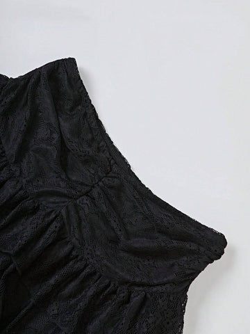 Women'S Lace Camisole With Ruffled Chest And Bow Decoration Low-Rise Gathered Ruffle Lace Trimmed Pleated Skirt + TOP 2 Piece Set