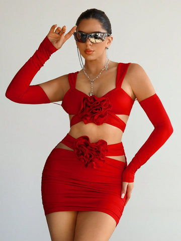 Women'S Off-Shoulder Top And Skirt Set With 3d Floral Decoration