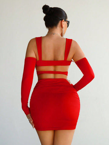 Women'S Off-Shoulder Top And Skirt Set With 3d Floral Decoration