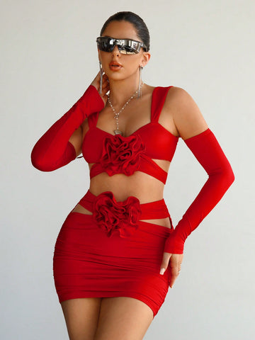 Women'S Off-Shoulder Top And Skirt Set With 3d Floral Decoration