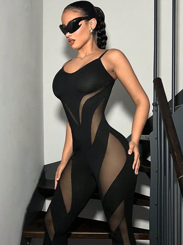 Women'S Patchwork Mesh Spaghetti Strap Bodycon Jumpsuit