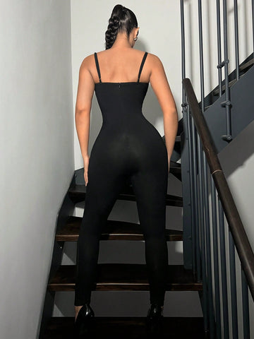 Women'S Patchwork Mesh Spaghetti Strap Bodycon Jumpsuit