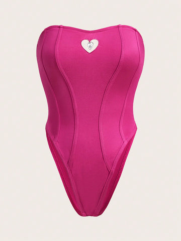 Women'S Slim Fit Tube Bodysuit With Hollow Out Heart Decor And High Slit Design