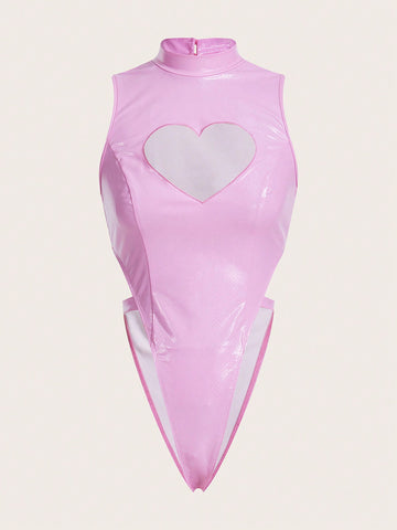 Women'S Stand Collar Love Heart Cut Out Bodysuit