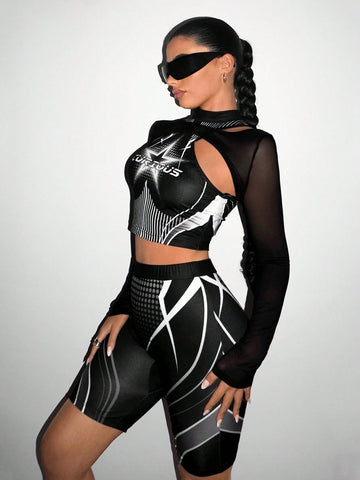 Women'S Star Patterned Mesh Hollow Out Top And Shorts Set