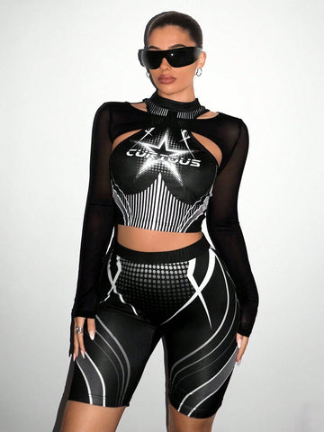 Women'S Star Patterned Mesh Hollow Out Top And Shorts Set