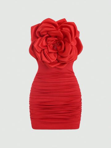 ICON Women'S Strapless Pleated Dress With 3d Floral Decoration