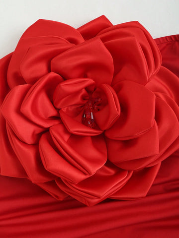 ICON Women'S Strapless Pleated Dress With 3d Floral Decoration