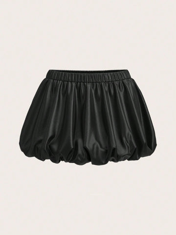 ICON Women Fashion Y2k Solid Color Elastic Waist Low Waist PU Leather Peplum Black Bubble Mini Skirt, Casual Daily Wear