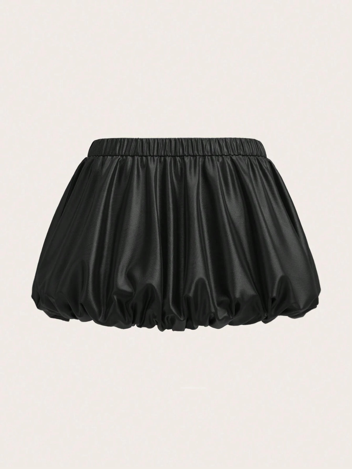 ICON Women Fashion Y2k Solid Color Elastic Waist Low Waist PU Leather Peplum Black Bubble Mini Skirt, Casual Daily Wear