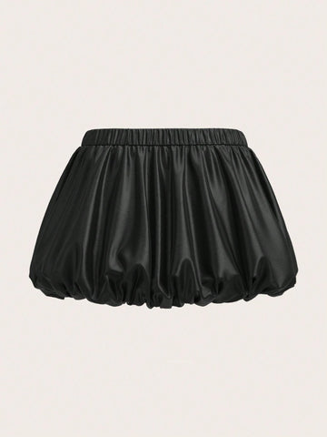 ICON Women Fashion Y2k Solid Color Elastic Waist Low Waist PU Leather Peplum Black Bubble Mini Skirt, Casual Daily Wear