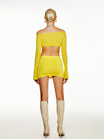 Women Fashionable Solid Color Long Sleeve Top And Skirt Two Pieces Set