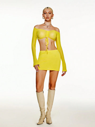 Women Fashionable Solid Color Long Sleeve Top And Skirt Two Pieces Set