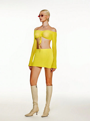 Women Fashionable Solid Color Long Sleeve Top And Skirt Two Pieces Set