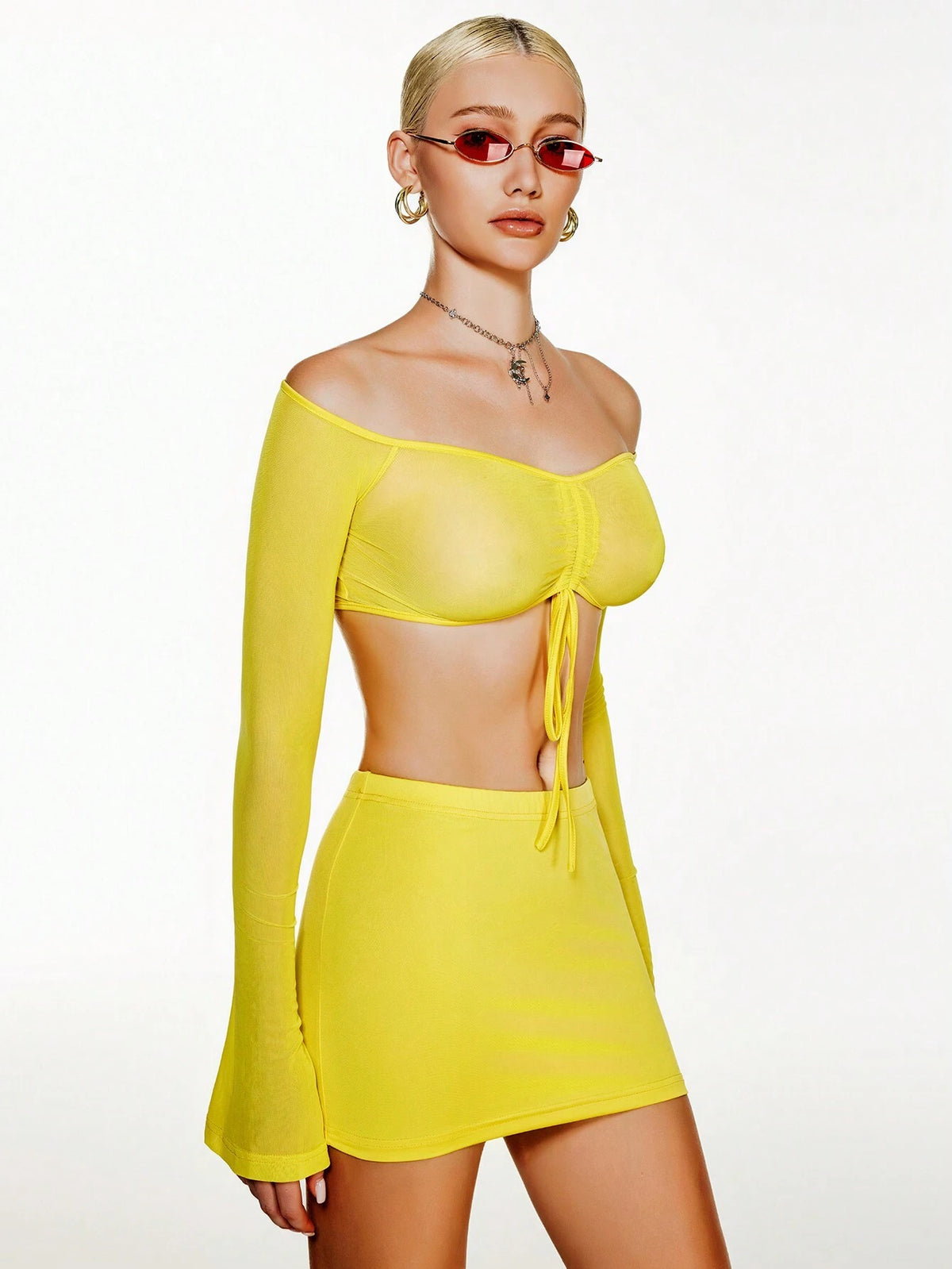 Women Fashionable Solid Color Long Sleeve Top And Skirt Two Pieces Set