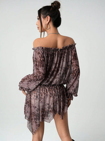 Women Off Shoulder Front Tie Gathered Waist Casual Short Dress