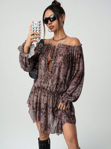 Women Off Shoulder Front Tie Gathered Waist Casual Short Dress