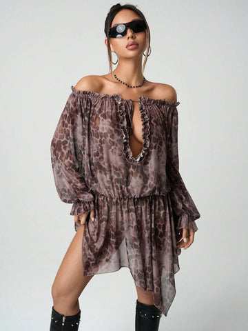 Women Off Shoulder Front Tie Gathered Waist Casual Short Dress