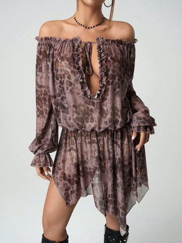 Women Off Shoulder Front Tie Gathered Waist Casual Short Dress