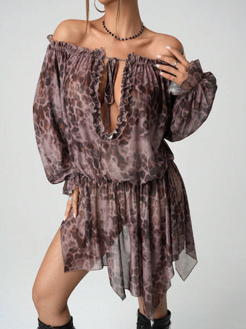 Women Off Shoulder Front Tie Gathered Waist Casual Short Dress